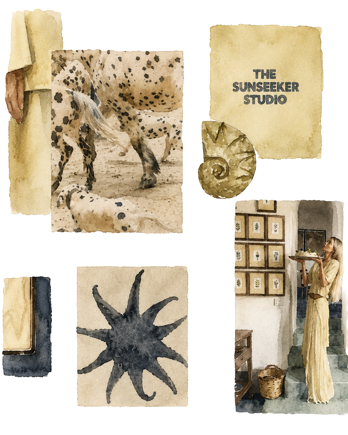 A watercolour moodboard collage titled The Sunseeker Studio
