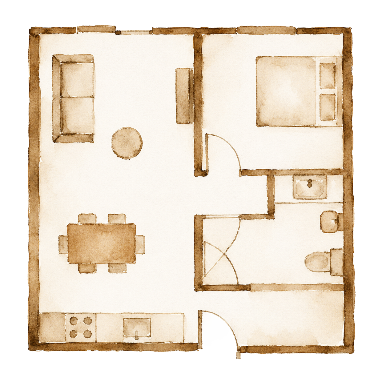 A watercolour floor plan of an apartment