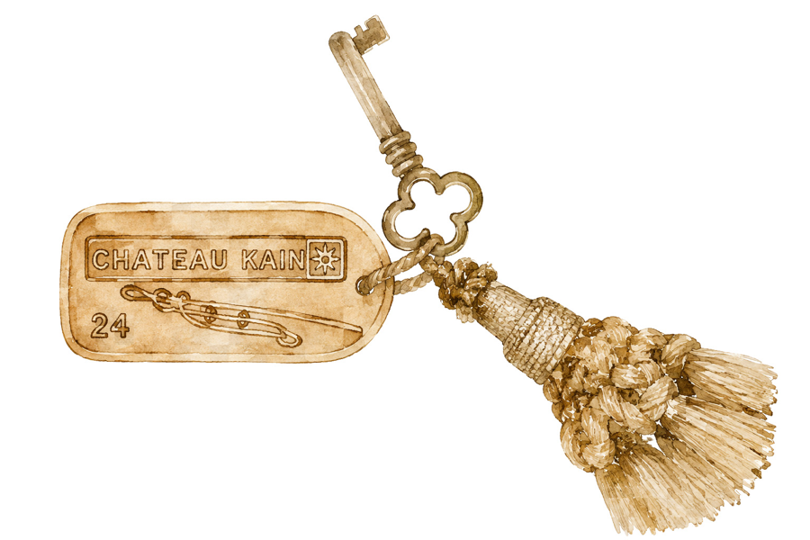 A watercolour of an ornate key with a Chateau Kain luggage tag and tassel