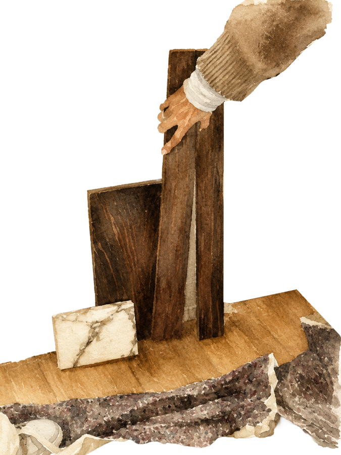 A watercolour of a hand placing wood and marble samples in a room